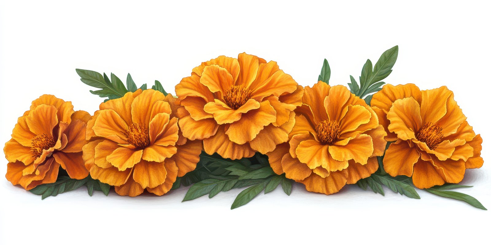 Vibrant orange marigold flowers arranged beautifully among green leaves during a sunny day in a floral garden
